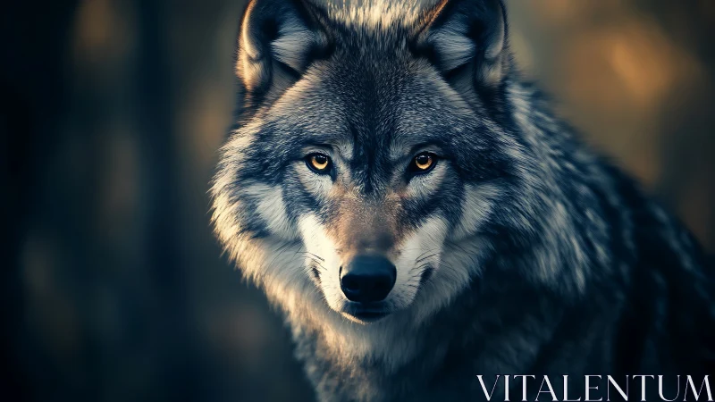 Grey wolf close-up portrait with focused golden eyes.