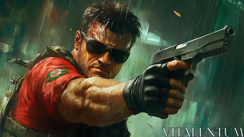 Rain-soaked action hero aims steel resolve downrange.