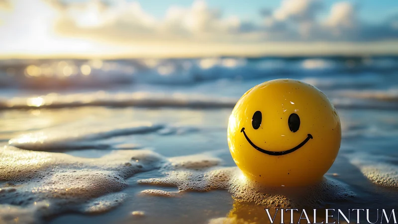 Yellow smiley ball rests on wet beach sand at sunset