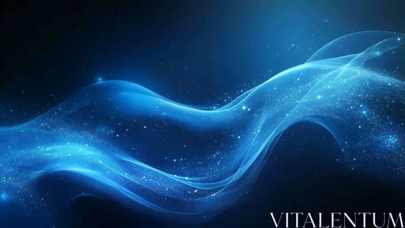 Blue light wave with starry particle field on dark space.