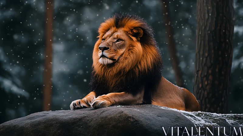 Male lion lies on snow-dusted rock in forest setting