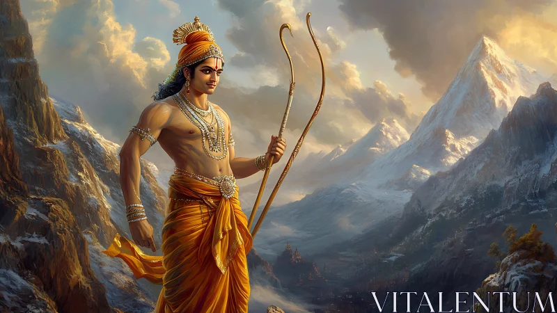 Heroic archer deity in saffron robes amid icy mountain pass.
