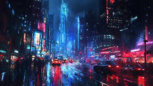 Neon city street glows warmly in the hush of midnight rain