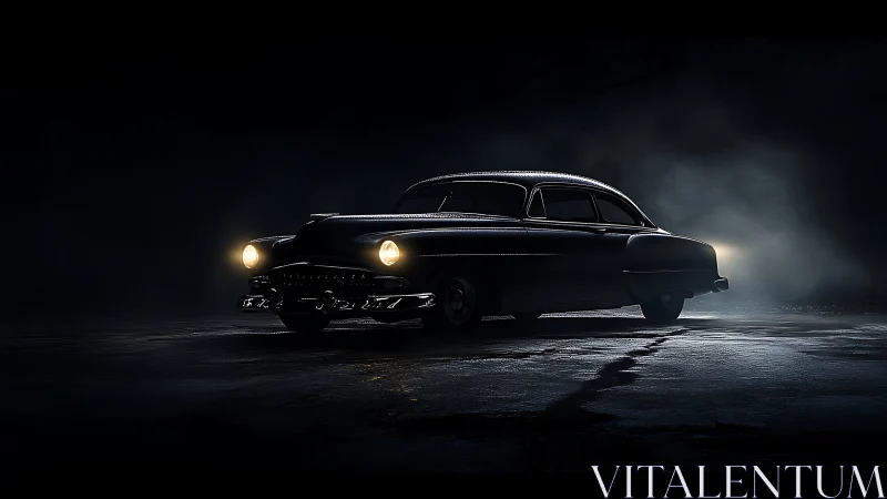Vintage coupe emerges from cinematic low key darkness.