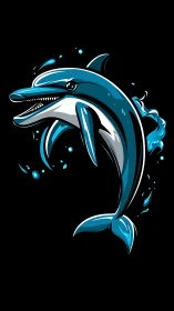 Stylized blue dolphin illustration on solid black background.
