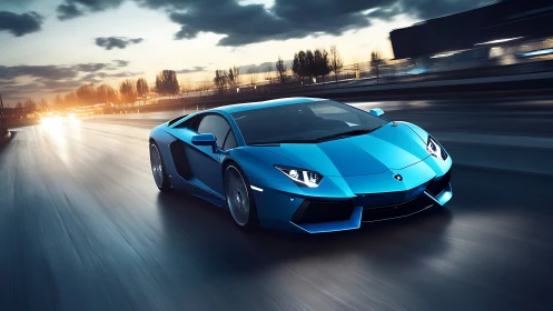 Blue Lamborghini supercar on wet highway at dusk.
