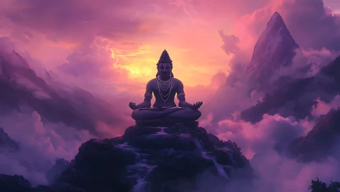 Meditating deity above violet mountains in radiant clouds.