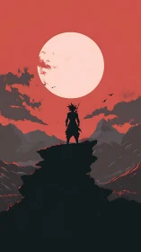 Warrior silhouette stands against oversized crimson moon