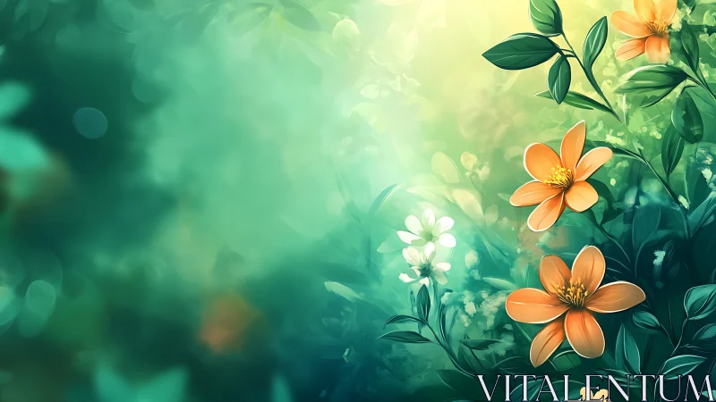Digital Garden: Orange and White Flowers Against Soft Green Gradient