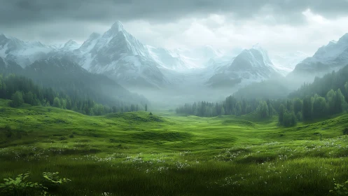 Volumetric light over alpine meadow and snow-laden peaks