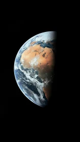 Half-lit desert Earth drifting through velvet black calm.