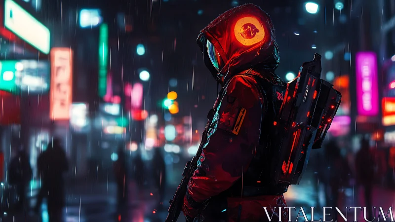Hooded cybernetic operative scans neon city under rainfall