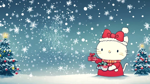 Cute Christmas cat character holds gifts in snowy landscape