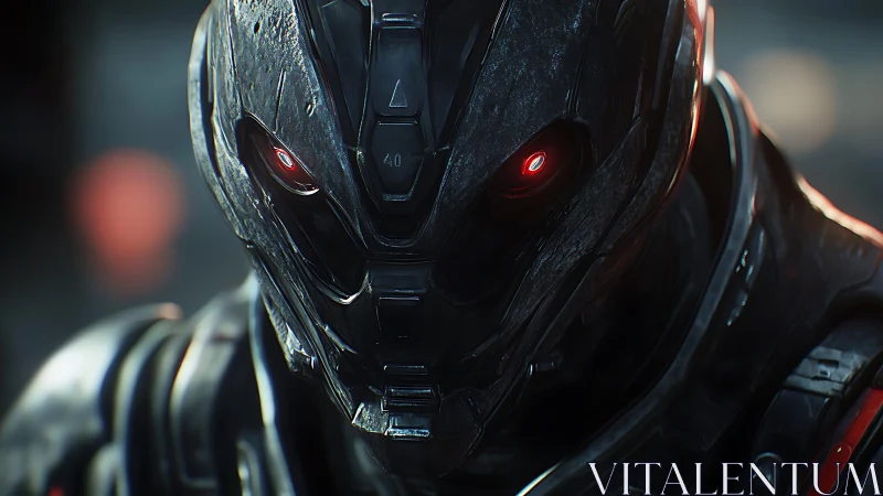 Armored robotic head rendered with glowing red eyes