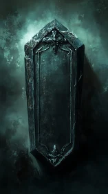 Gothic stone coffin in eerie green misty darkness.