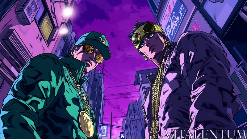 Two street figures in stylized neon city alley at night.