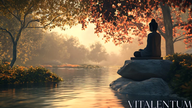 Buddha statue beside calm river under warm sunset light.