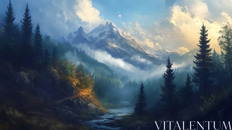 Mountain range rises above misted forest river valley