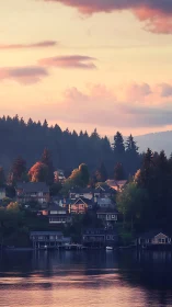Lakeside hillside neighborhood under soft evening light.