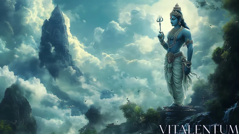 Colossal blue deity statue above misty mountain realm.