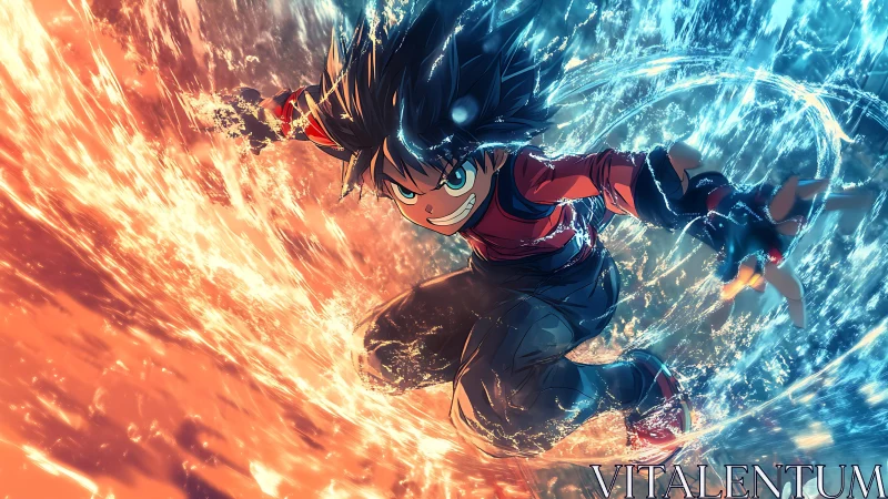 Dynamic anime hero bending twin torrents of fire and water.
