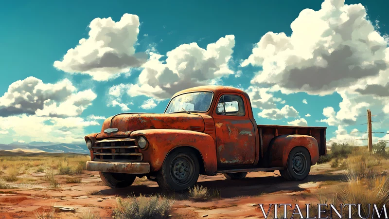 Rusty vintage pickup truck sits in dry rural landscape