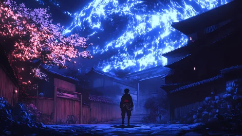Silhouetted figure stands in neon-lit village under glowing sky