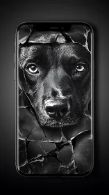 Dark canine portrait emerges through cracked phone screen