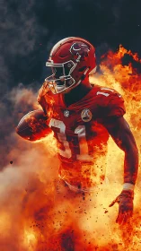 Fiery football runner bursts through blazing smoke field.