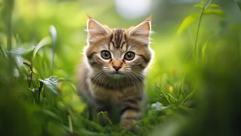 Juvenile Tabby Kitten in Natural Bokeh Environment with Selective Focus