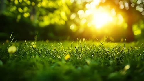 Sunlit grass close-up with vibrant bokeh in soft natural style.