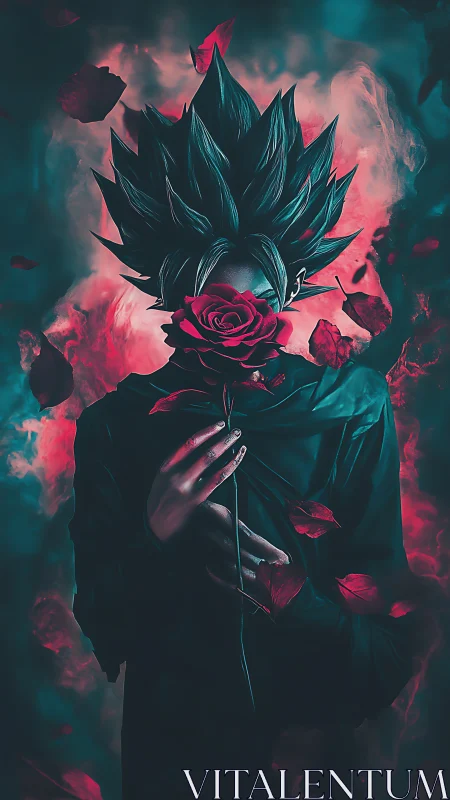 Spiky haired figure holding red rose amid teal smoke.
