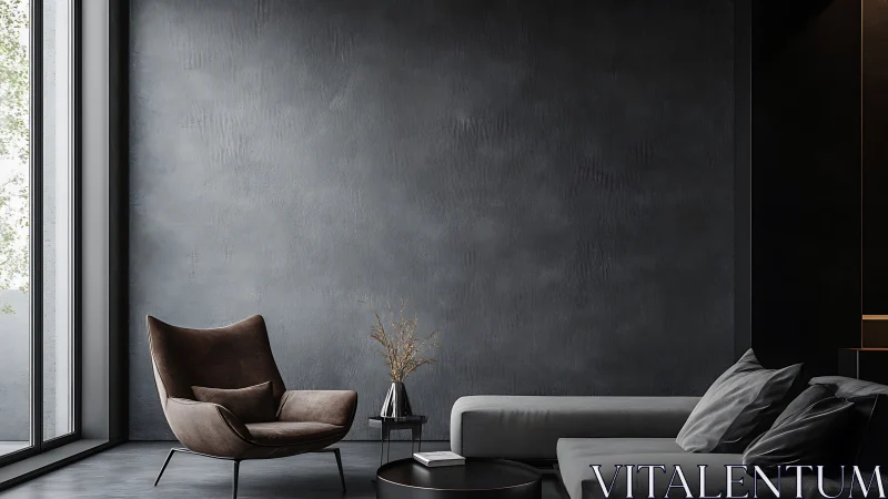 Minimalist dark living room with lounge chair and sofa