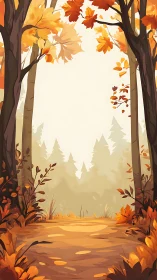 Autumn Forest Path with Golden Leaves Falling