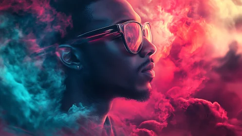 Neon-lit male profile rendered in high-contrast volumetric vapor