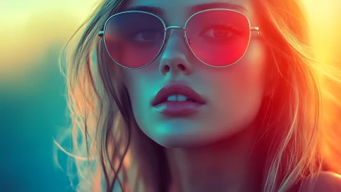 Close portrait of woman in tinted sunglasses, soft lighting.