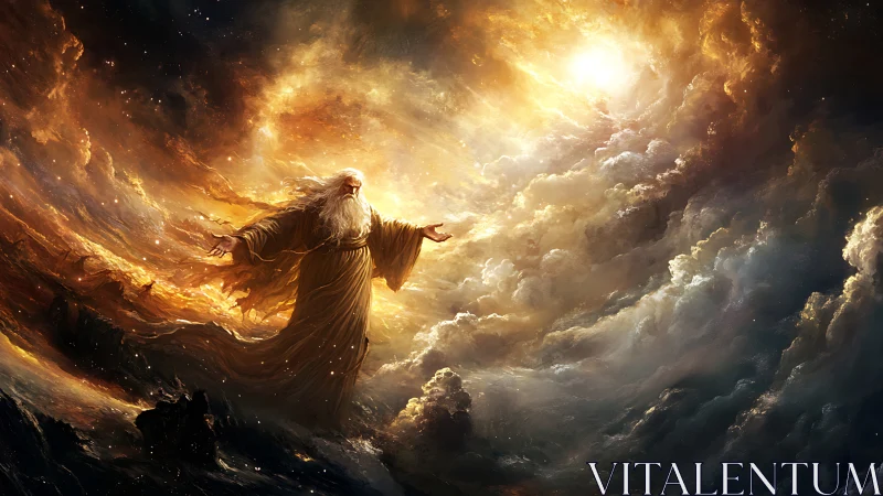 Radiant robed figure commands swirling nebular storm with volumetric light