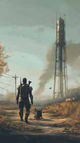 Wasteland wanderer approaches rusted water tower under smoke