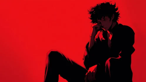 Solitary anime figure in stark red minimalist shadow field.