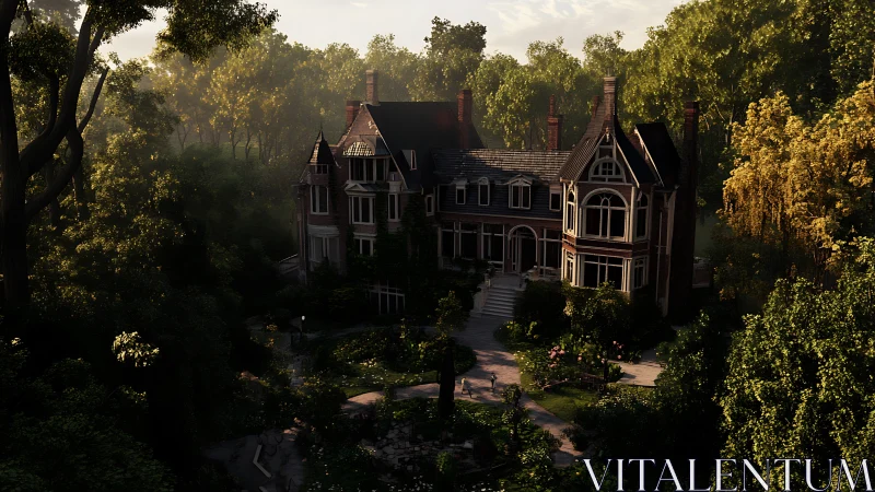 Victorian manor bathes in golden forest evening light.