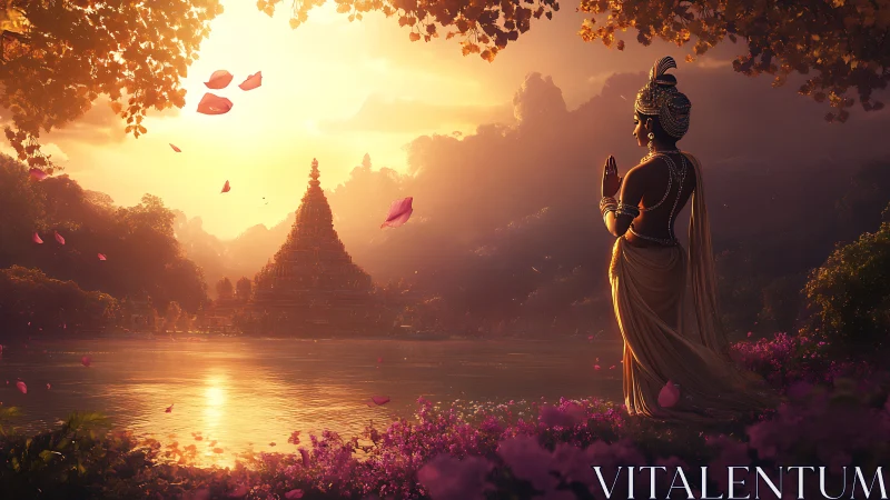 Golden hour deity overlooks riverside temple across water