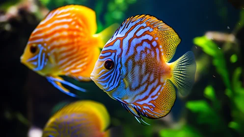 Colorful tropical fish glide gently through a glowing reef