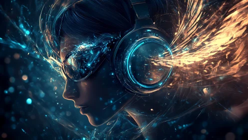 Futuristic DJ profile channels liquid light through headphones.