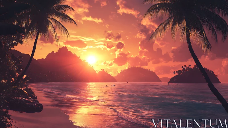 Volumetric tropical sunset over island silhouettes with specular surf