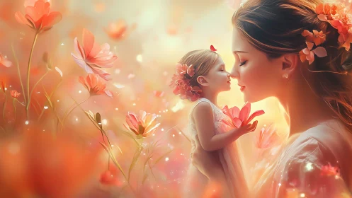 Mother and Child in Floral Setting with Warm Lighting