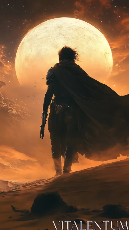 Lone desert wanderer strides beneath colossal full moon.