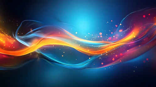 Abstract colored light waves on deep blue gradient background.