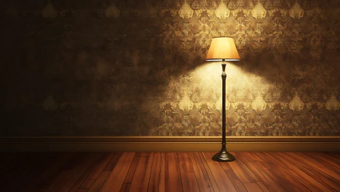 Warm floor lamp glows softly against ornate vintage wall