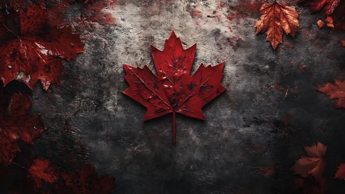 Single red maple leaf lies centered on textured dark surface