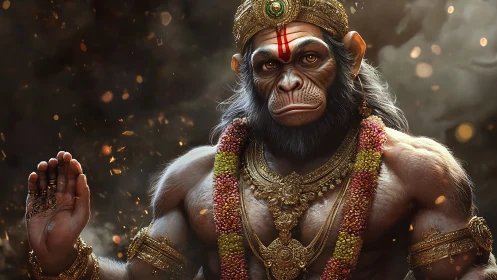 Divine warrior monkey deity in ornate golden regalia.